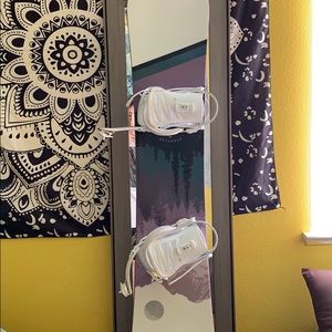 Snowboard, boots, bindings, and goggles